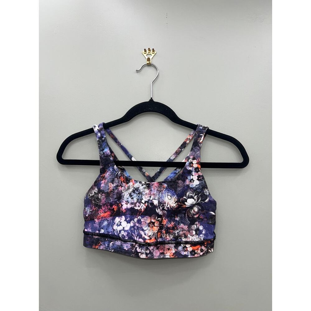Lululemon Floral Energy Bra Strappy Back Purple Multicolor Sports Bra Size 4